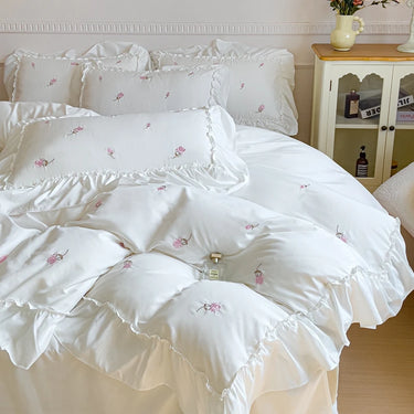Premium Korean Princess Rose Flowers Embroidered Washed Cotton Skin Friendly Bedding Set